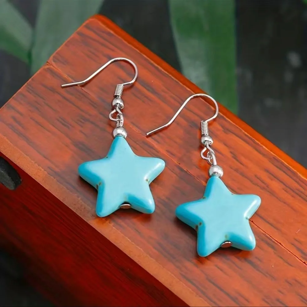 New Handmade S925 Sterling Silver Boheme Natural Turquoise Carved Star Earrings